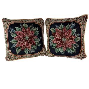 VTG Fashion Throw Pillows Poinsettia Set of 2 Gold Needle Point Christmas